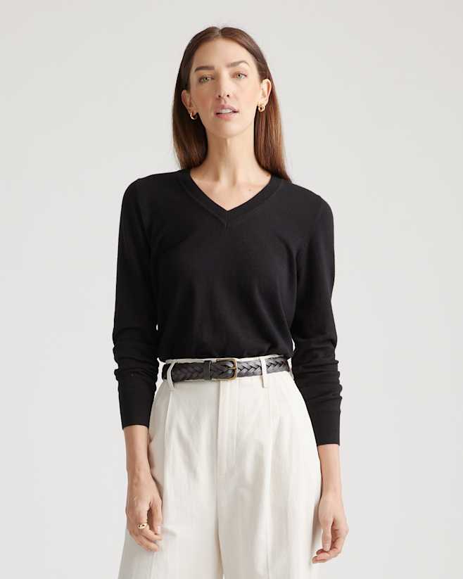 Black Lightweight Cotton Cashmere V-Neck Sweater