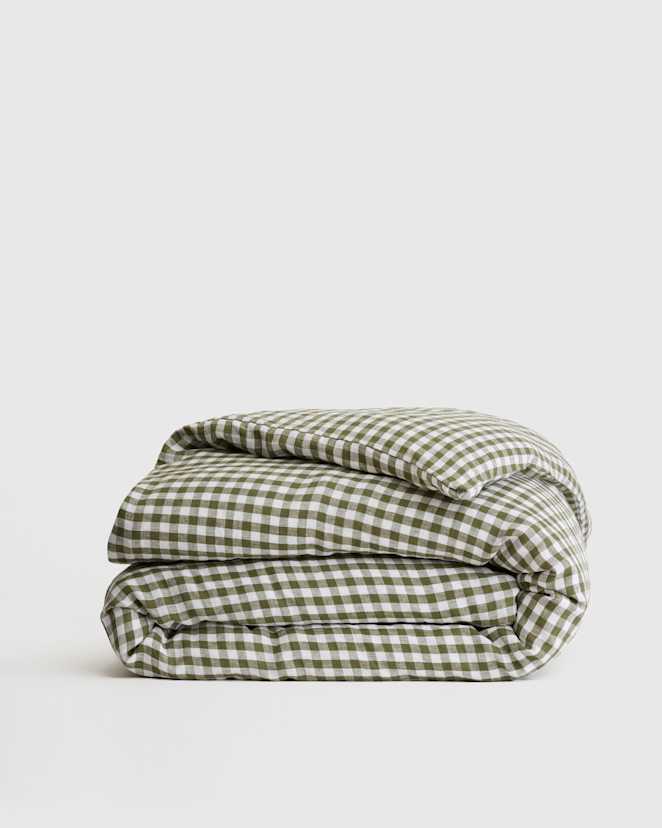 Olive European Linen Gingham Duvet Cover