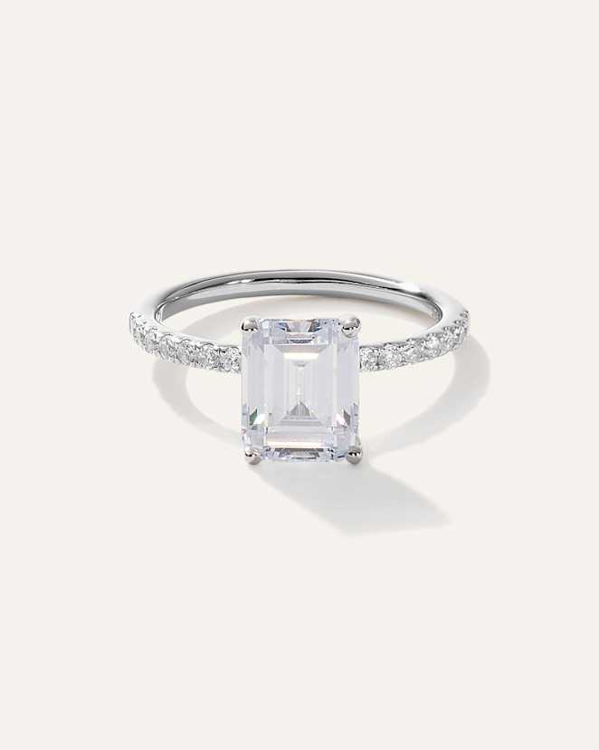 White Gold Lab Grown Diamond Emerald Petite Pave Engagement Ring - 3ct