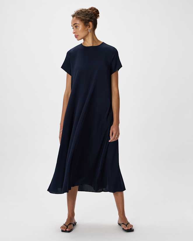 Navy Washable Stretch Silk Voluminous Maxi Dress