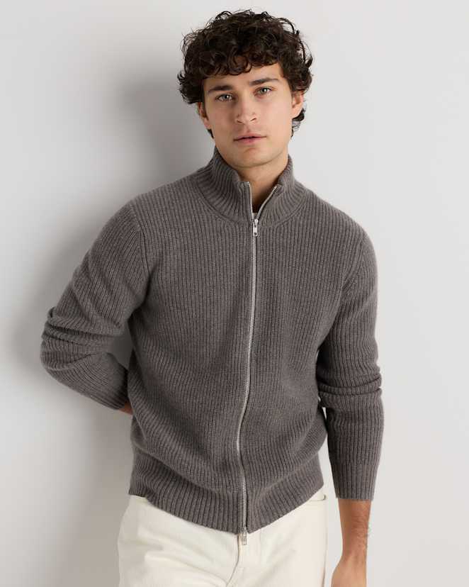 Elk Brown Mongolian Cashmere Fisherman Full Zip Sweater