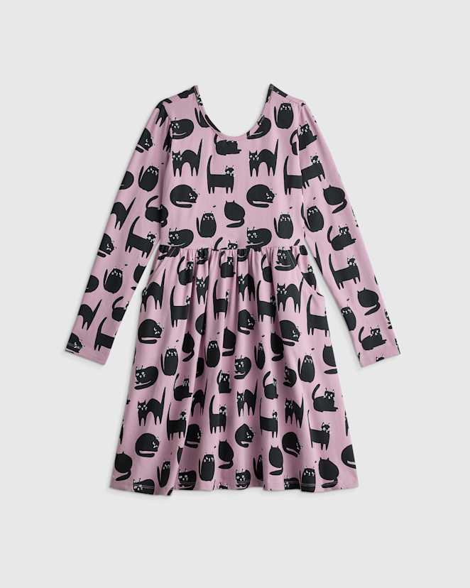Purr-ple Cat Nap Organic Cotton Long Sleeve Skater Dress