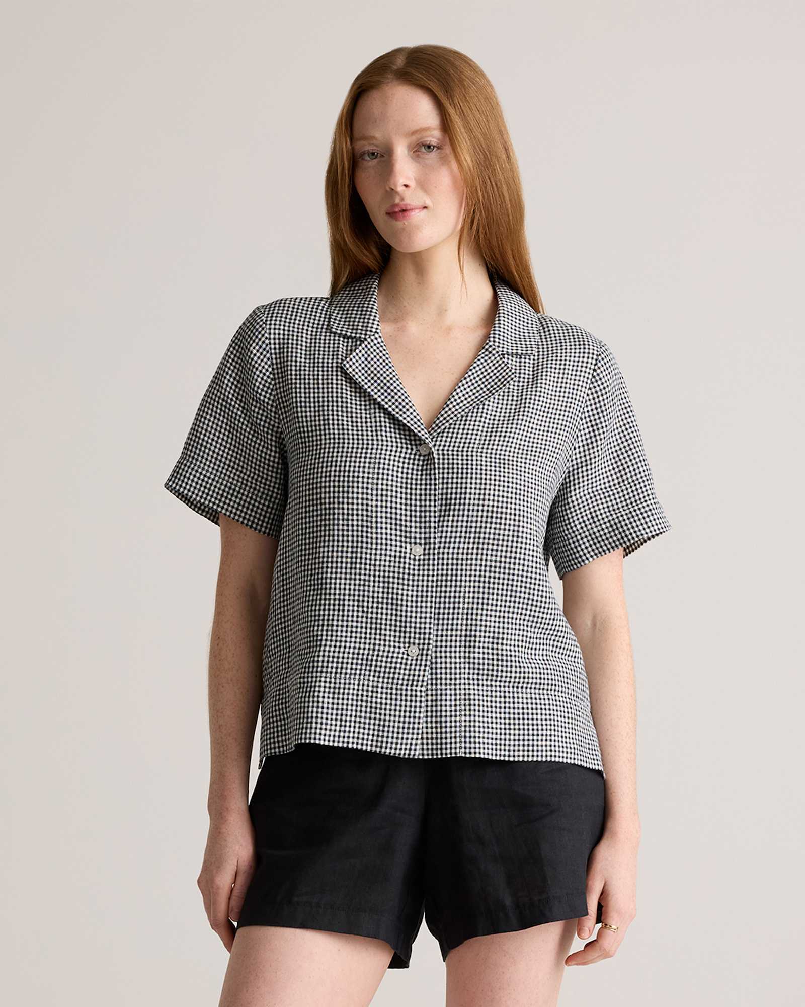 Classic Mini Gingham 100% European Linen Short Sleeve Shirt