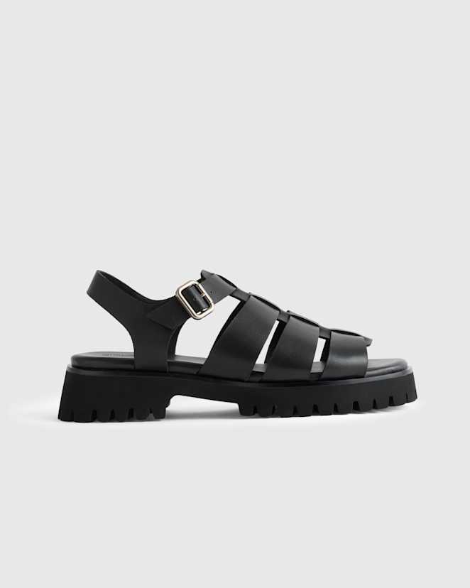 Black Italian Leather Lug Sole Fisherman Sandal