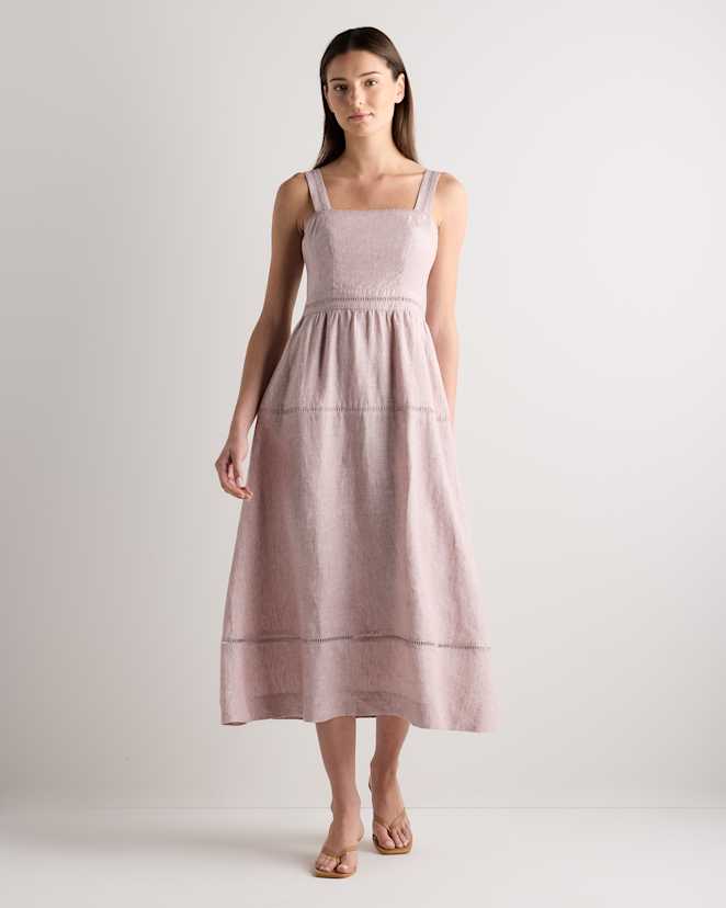 Vintage Pink Chambray Robe midi 100 % lin européen à point échelle