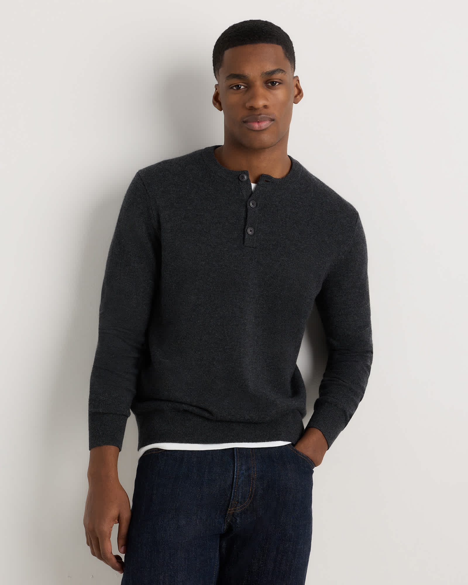 Heather Charcoal Mongolian Cashmere Henley Sweater