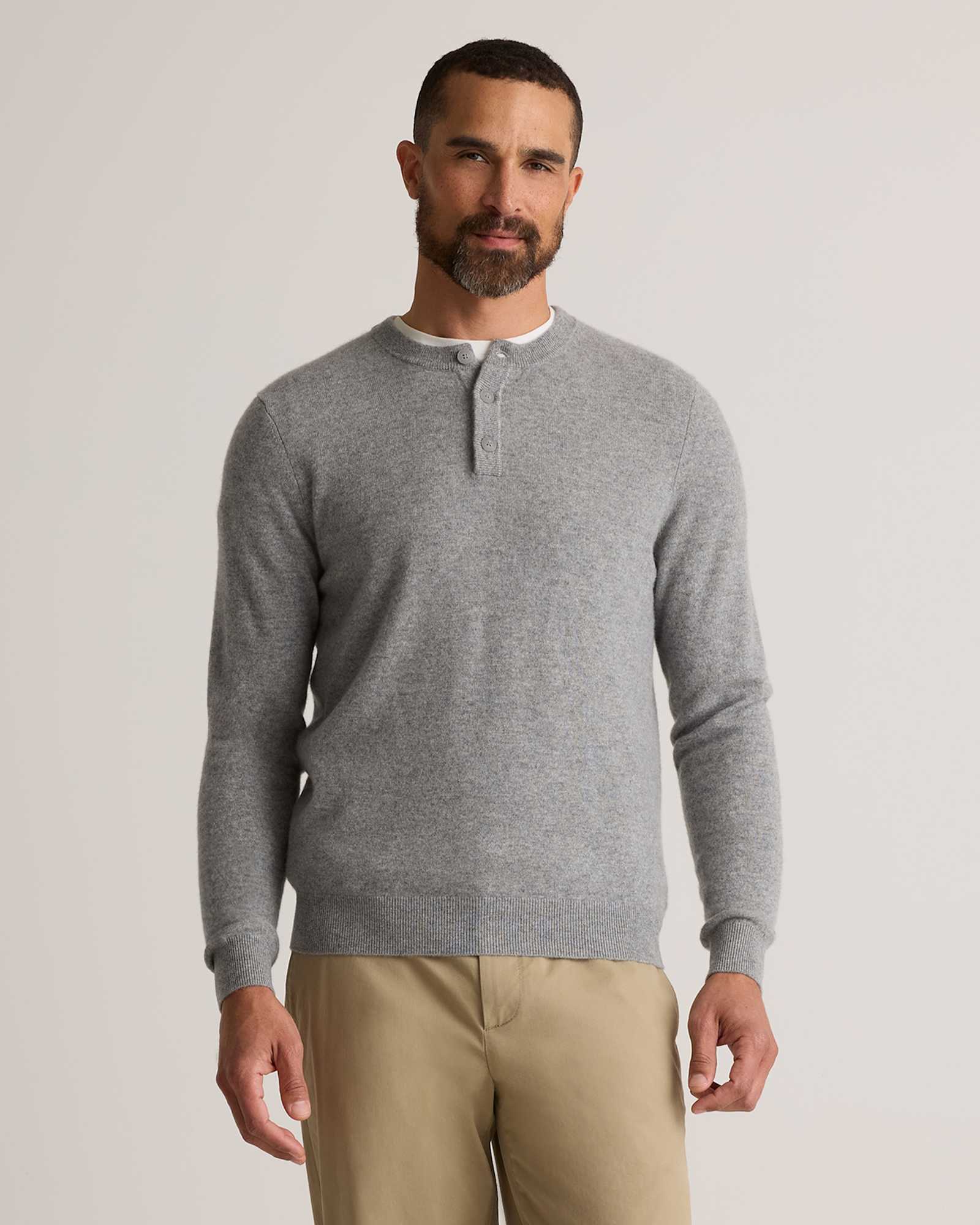 heather-grey Mongolian Cashmere Henley Sweater