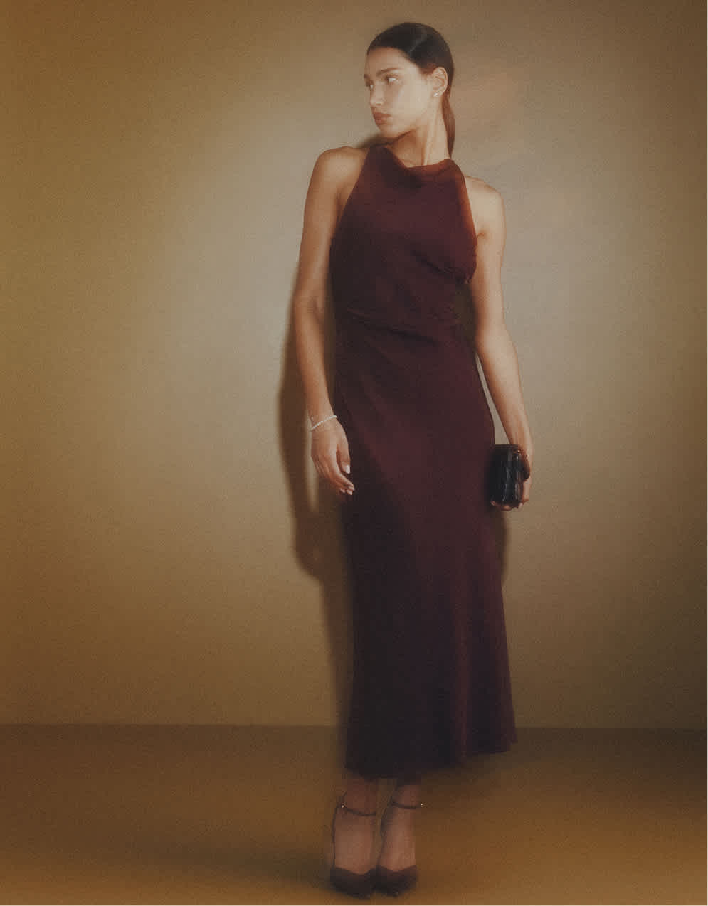 Wine Tasting Red Washable Stretch Silk High Neck Midi Dress