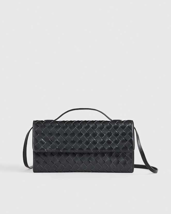 Black Italian Leather Handwoven Top Handle Clutch
