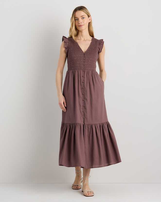 Taupe Brown Organic Textured Cotton Smocked V-Neck Midi Dress