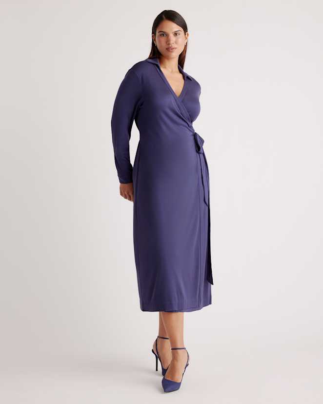 Navy 100% Silk Jersey Midi Wrap Dress