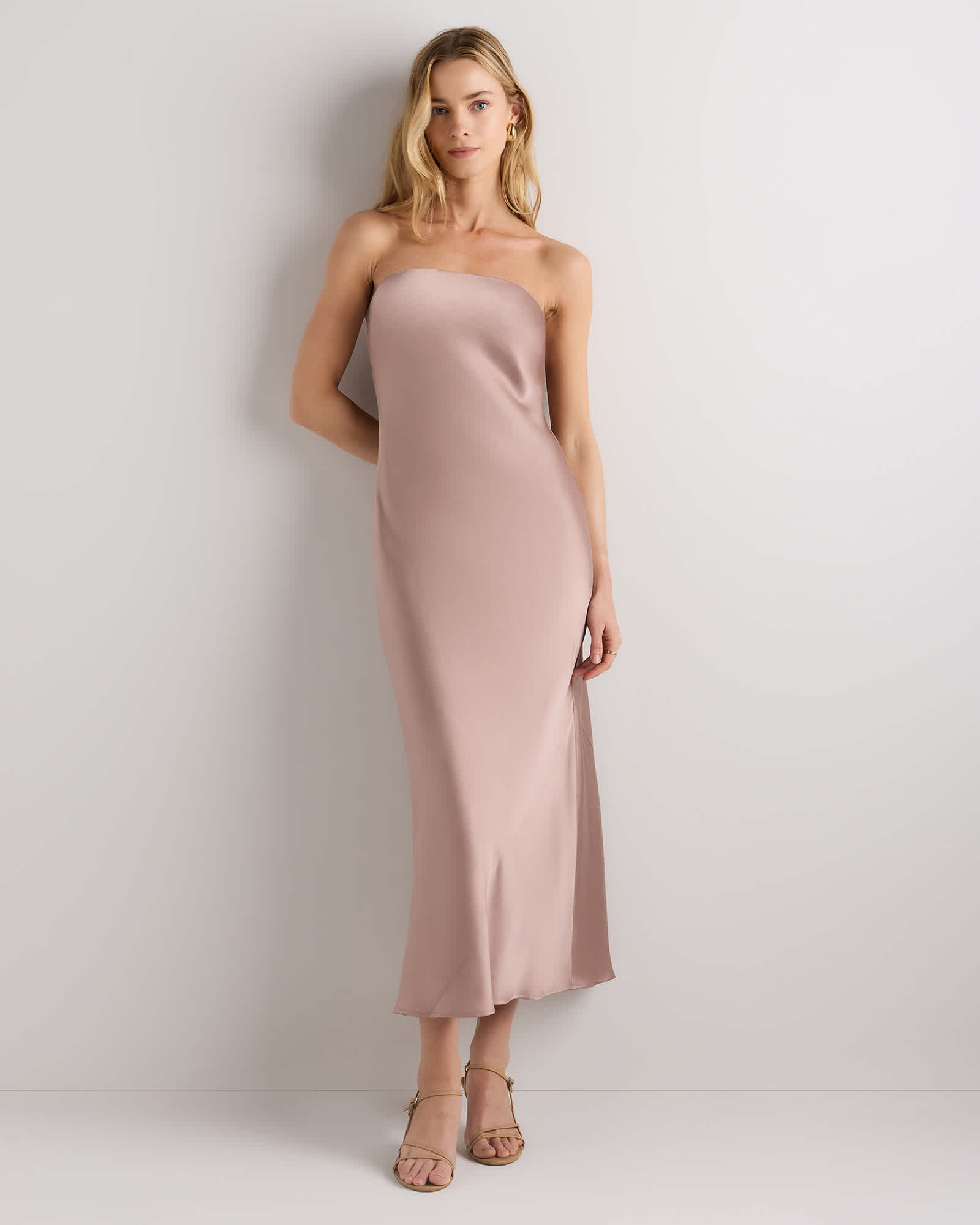 Vintage Pink 100% Washable Silk Strapless Midi Dress