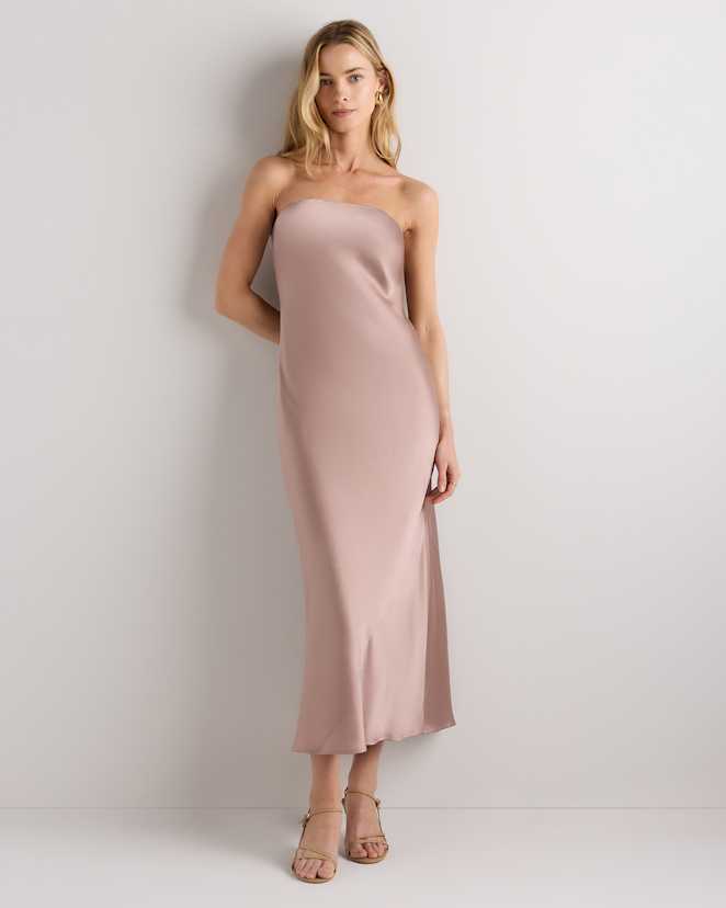 Vintage Pink 100% Washable Silk Strapless Midi Dress