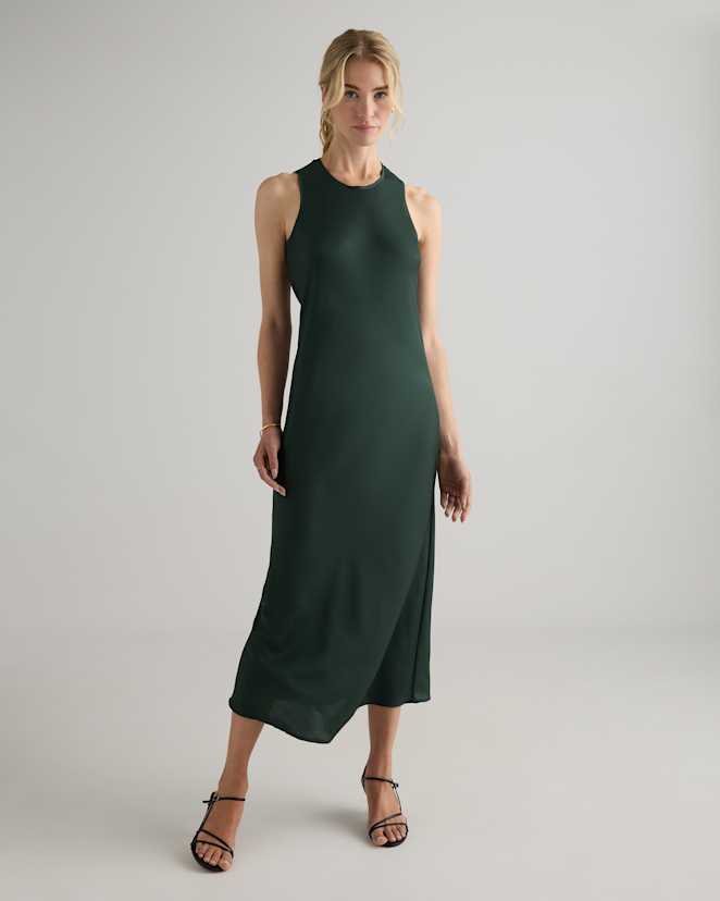 Forest Green Robe midi style débardeur en soie extensible et lavable