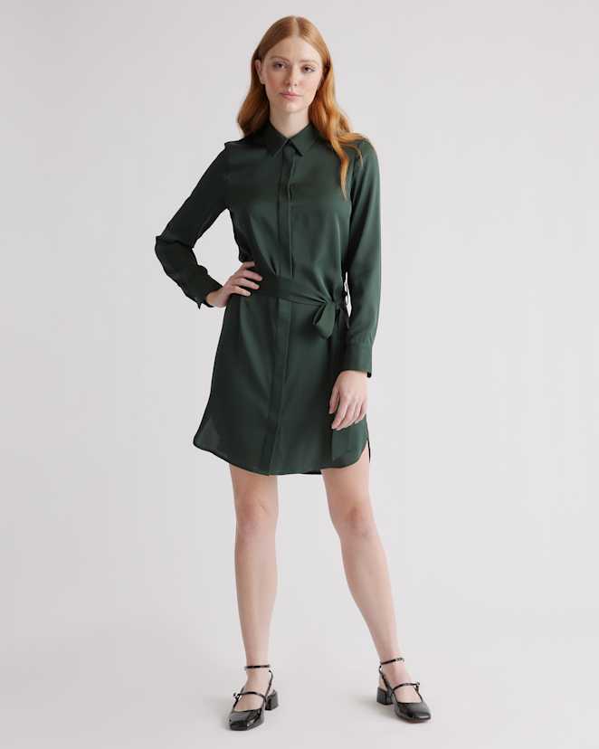 Forest Green Washable Stretch Silk Shirt Dress