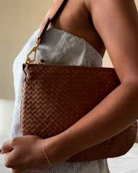 Italian Handwoven Leather Mini Shoulder Bag Cognac Aaliya Molyneaux Thumbnail 4x5