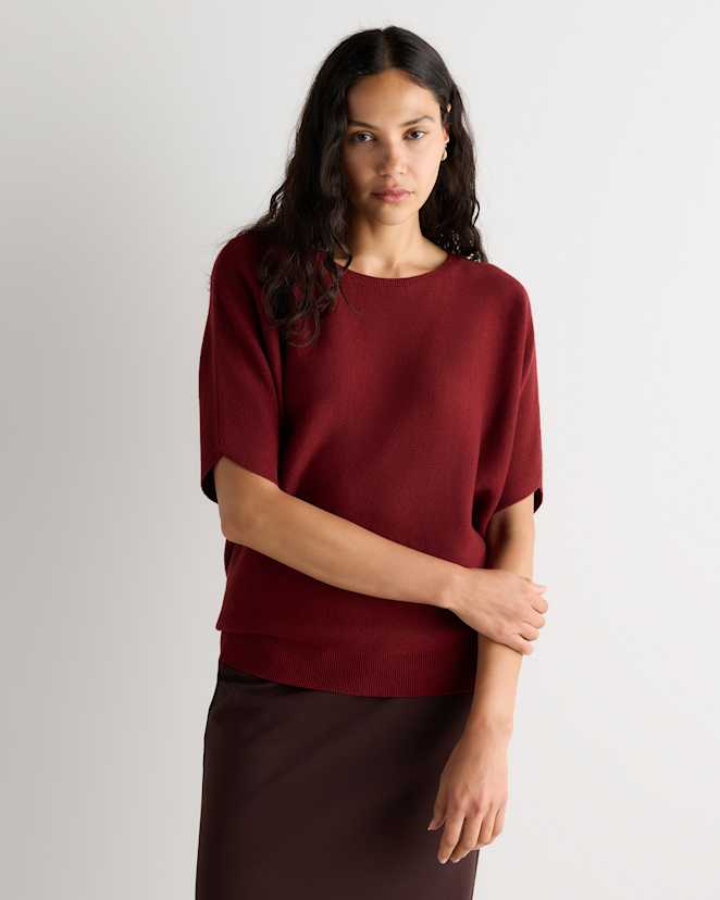 Deep Brick Red Lightweight Cotton Cashmere Link-Stitch Dolman Sweater