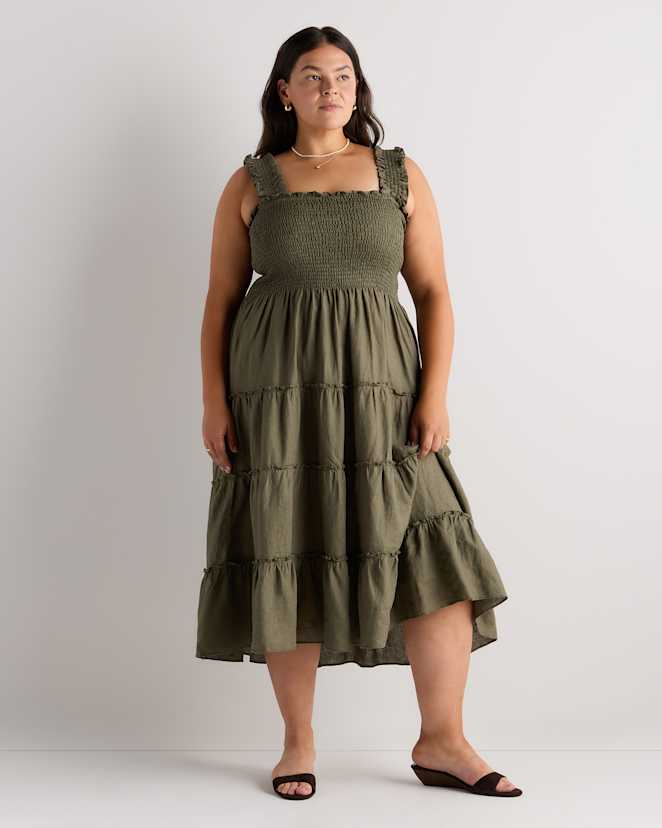 Bayberry Olive 100% European Linen Smocked Midi Dress