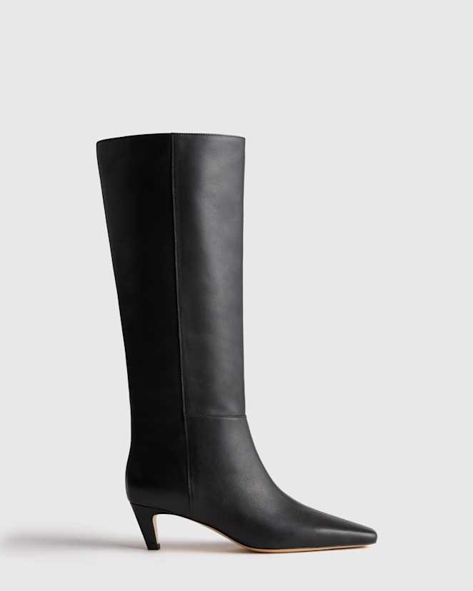 Black Italian Leather Tall Kitten Heel Boots