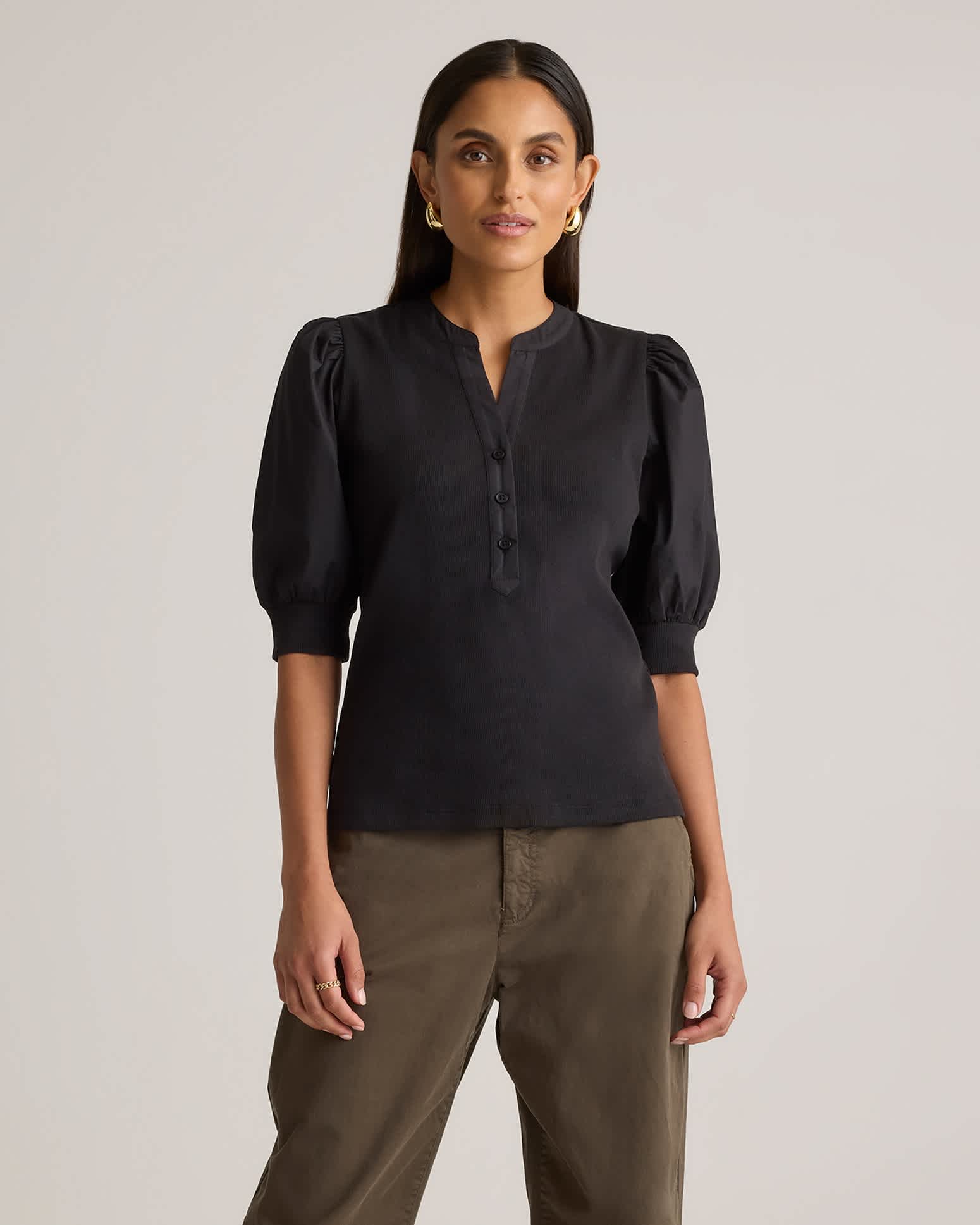 Black Cotton Mixed Media Puff Sleeve Top
