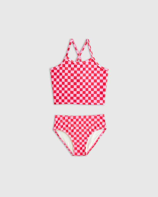 Pink Check Tankini Swimsuit