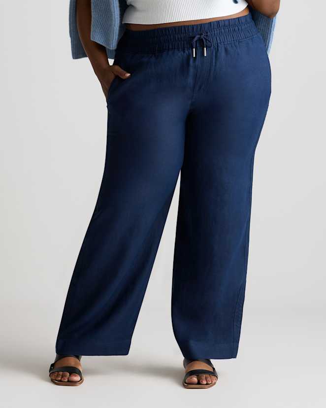 Deep Navy 100% European Linen Wide Leg Pants