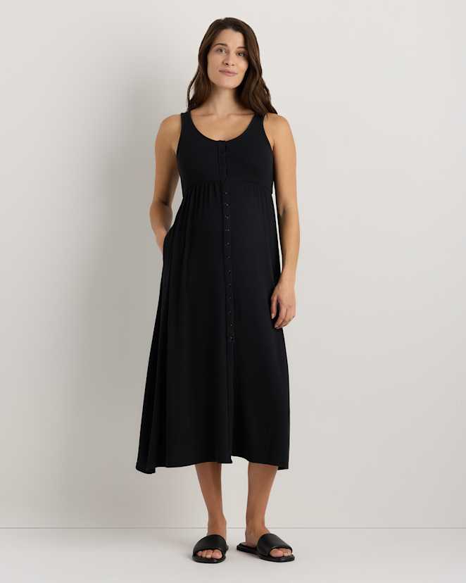Bold Black Bamboo Maternity Sleeveless Button Front Dress