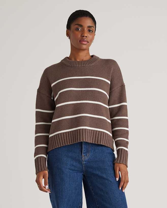 Heather Brown/Ivory 100% Organic Cotton Striped Crew Sweater
