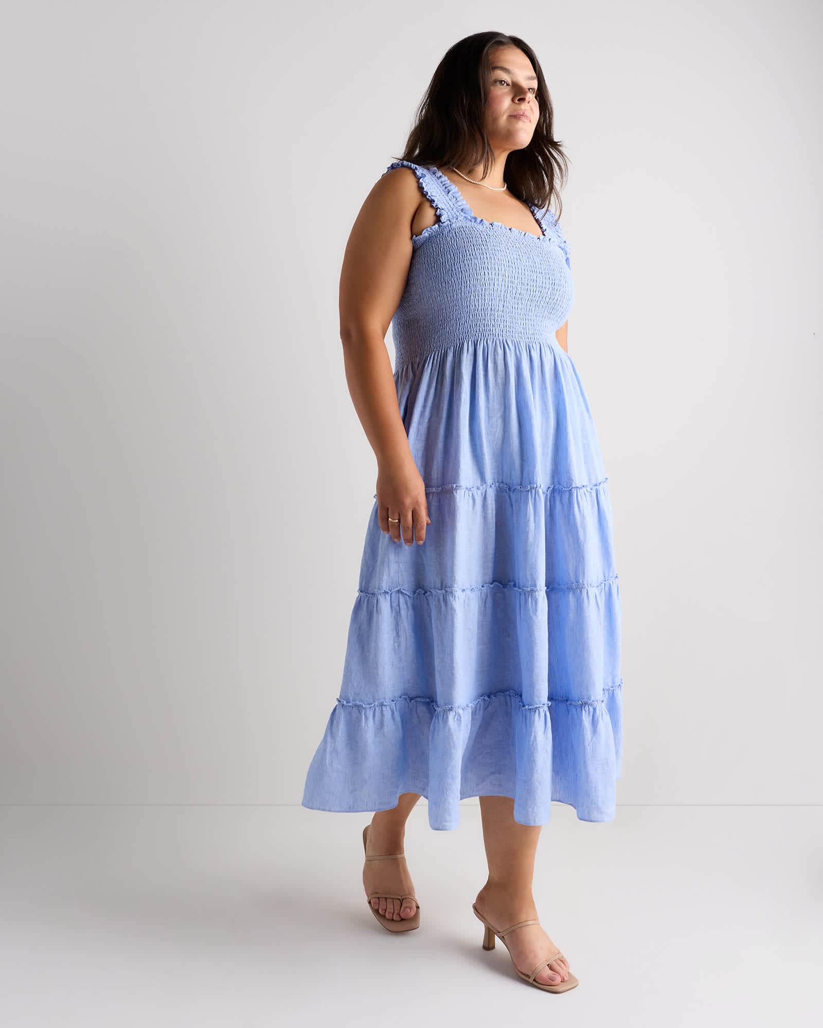 French Blue 100% European Linen Smocked Midi Dress
