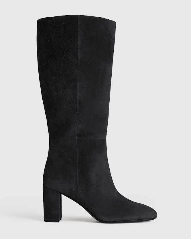 Black Italian Suede Block Heel Boots
