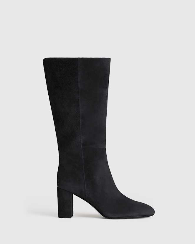 Black Italian Suede Block Heel Boots
