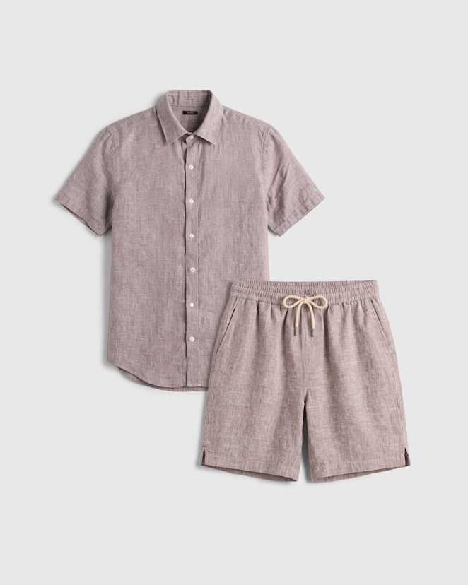 Taupe Brown Chambray 100% European Linen Beach Shorts Set