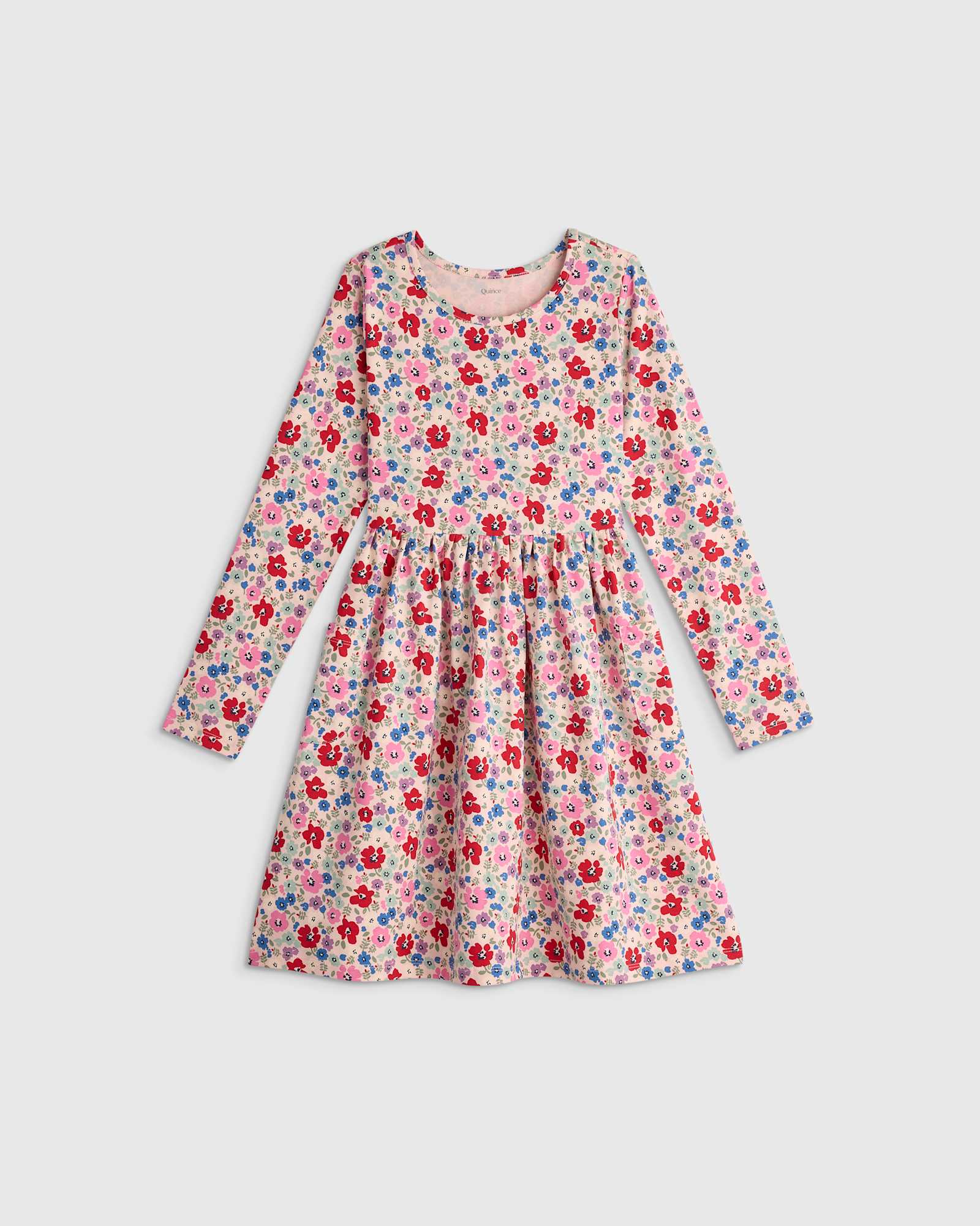 red-poppy-floral Organic Cotton Long Sleeve Fit and Flare Pocket Dress