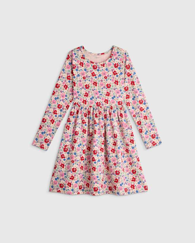 Red Poppy Floral Organic Cotton Long Sleeve Fit and Flare Pocket Dress