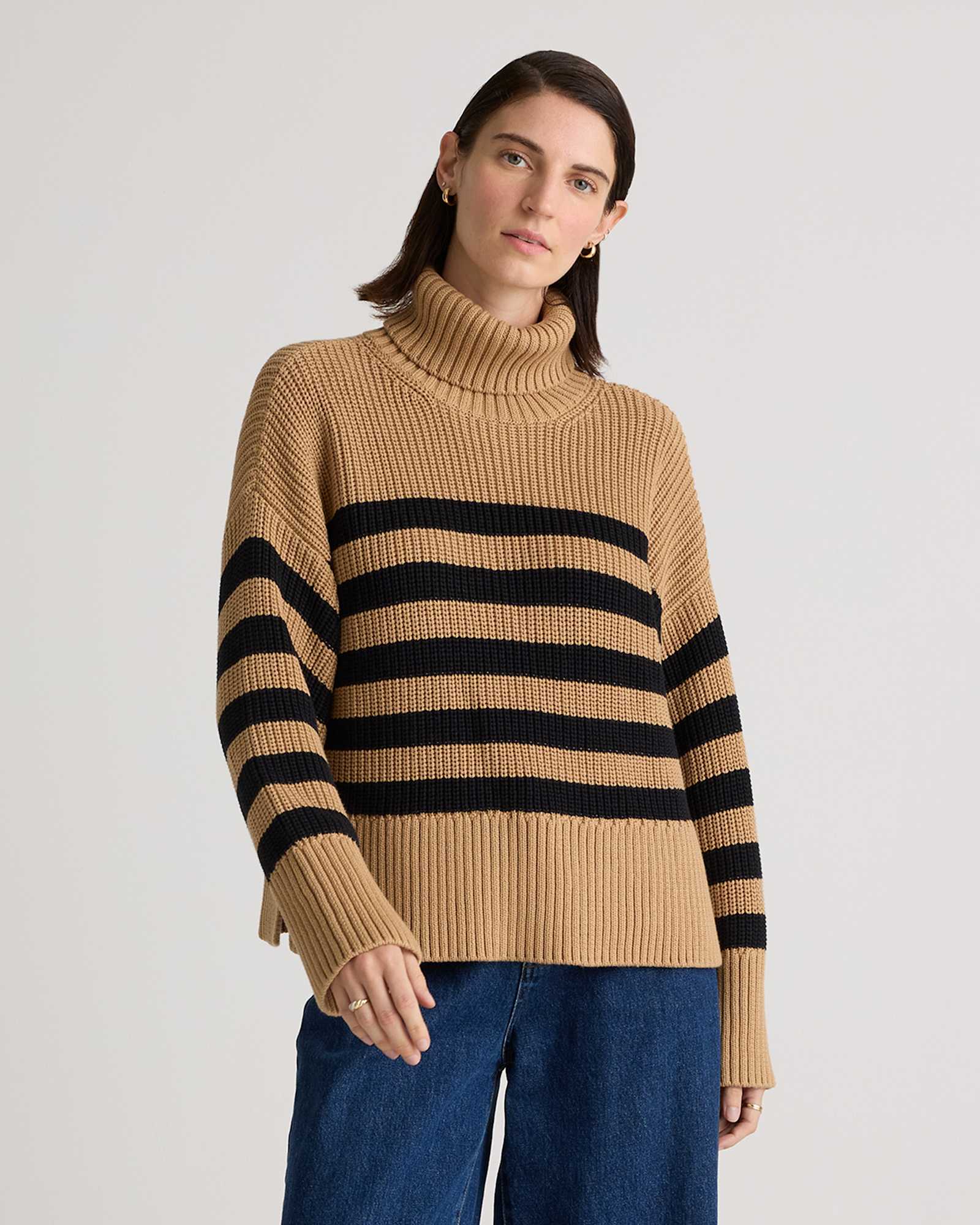 Camel/Black 100% Organic Cotton Split Hem Turtleneck Sweater