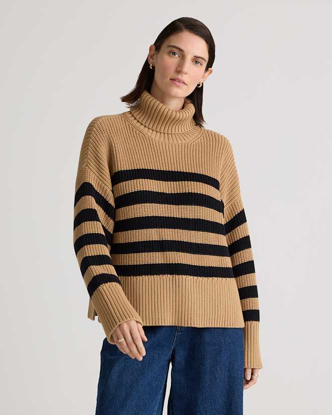 Camel/Black 100% Organic Cotton Split Hem Turtleneck Sweater