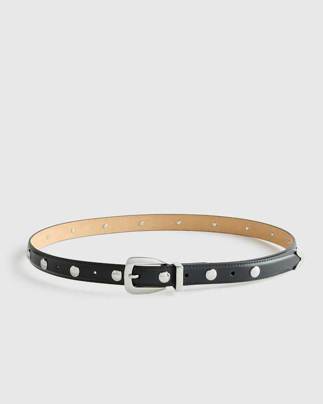 Black/Silver Alyssa European Leather Studded Skinny Belt
