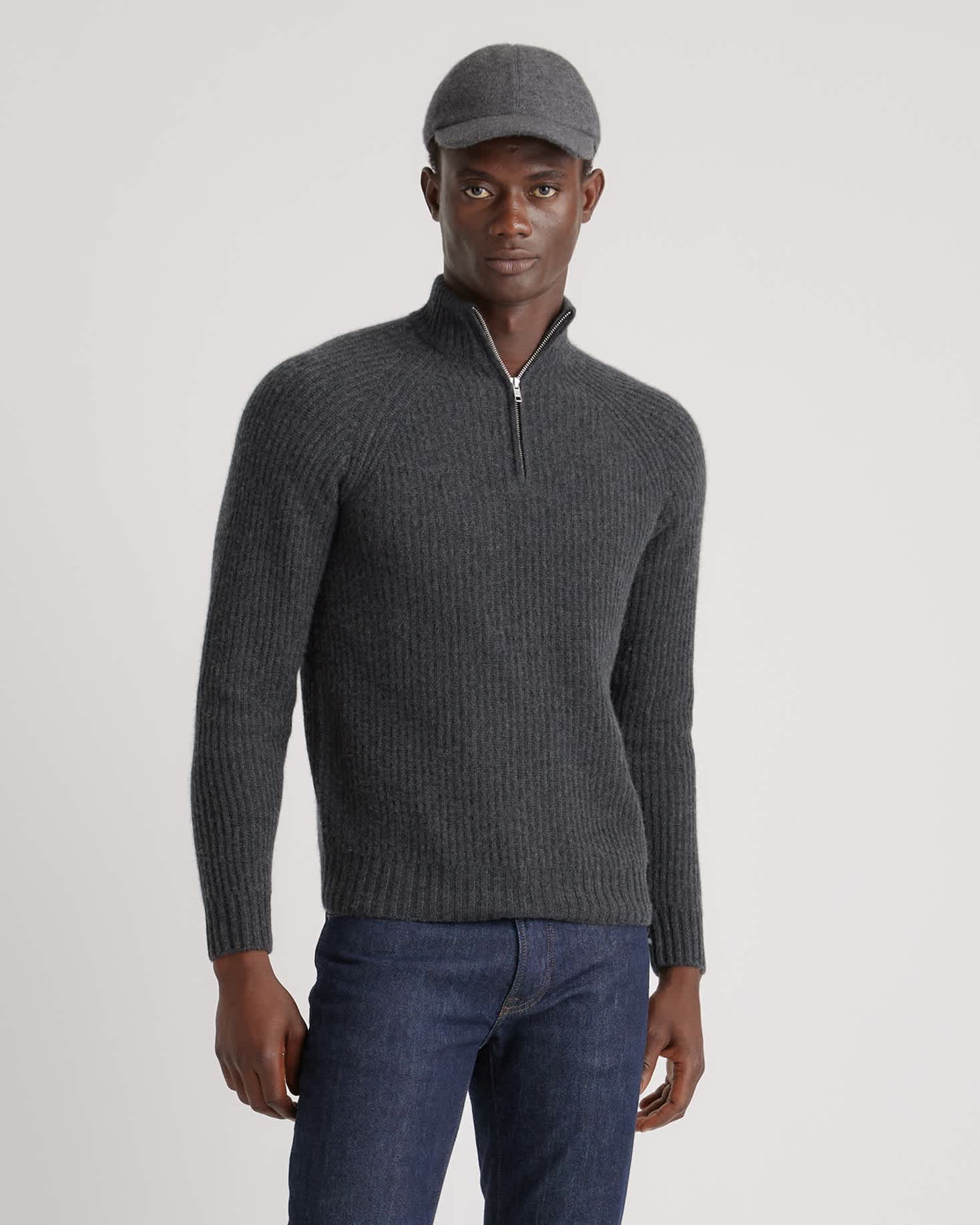 Heather Charcoal Mongolian Cashmere Fisherman Quarter Zip Sweater