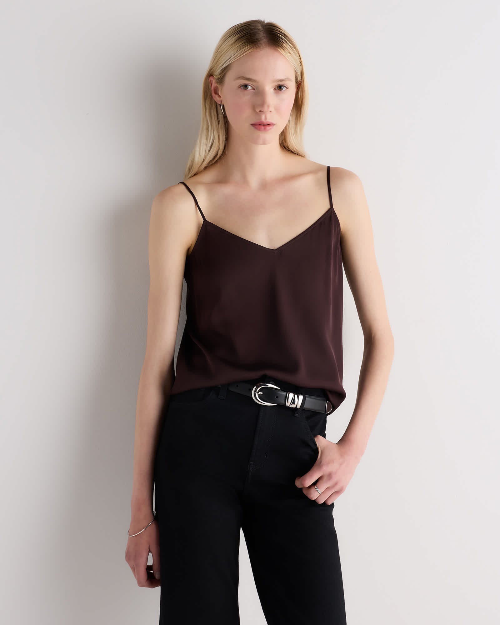Chocolate Plum Brown Washable Stretch Silk V-Neck Cami