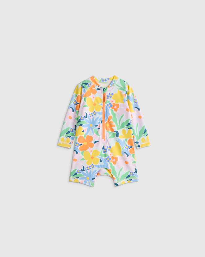 Poolside Floral Long Sleeve Zip-Up Rash Guard One-Piece