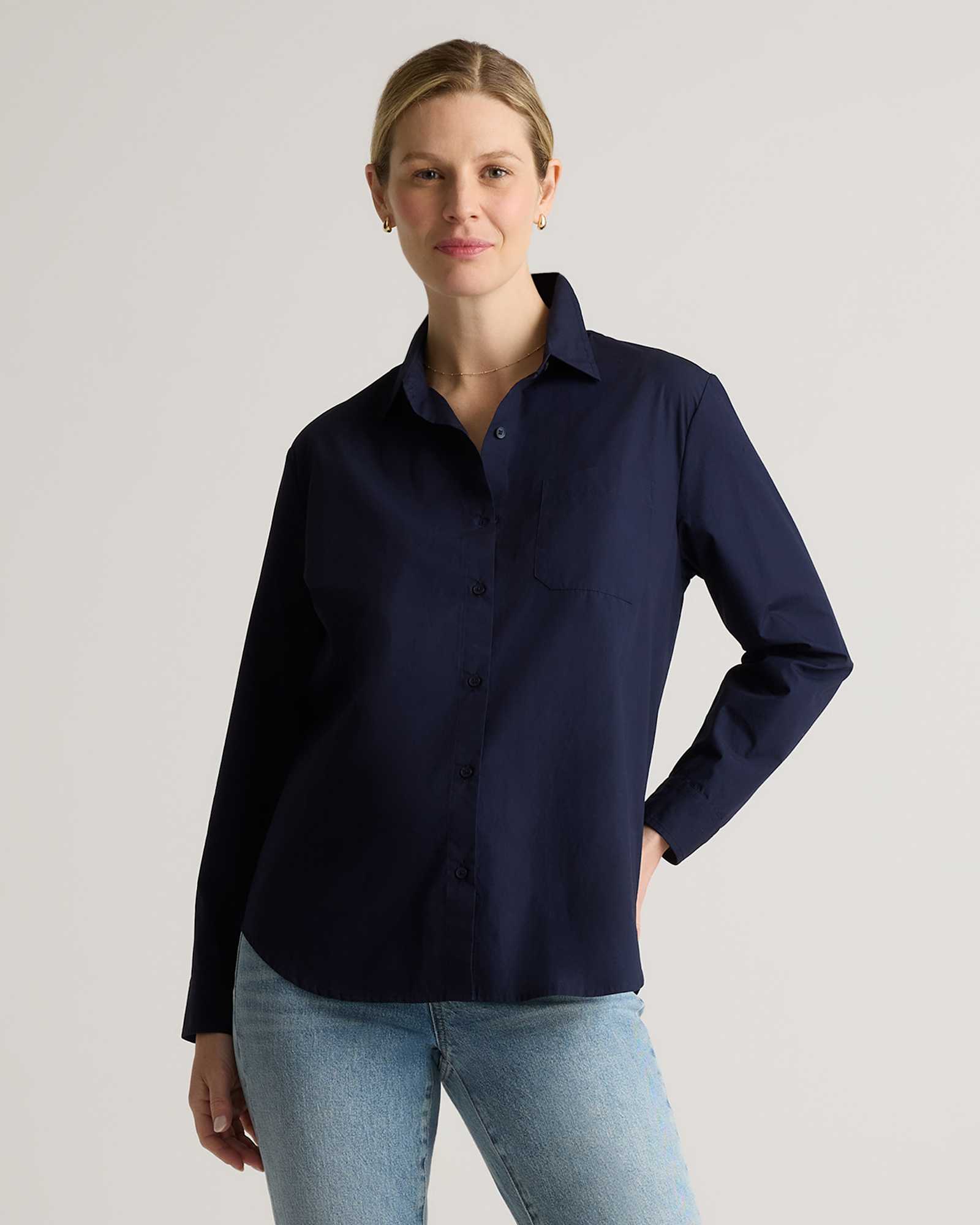 navy 100% Organic Cotton Poplin Maternity Long Sleeve Shirt