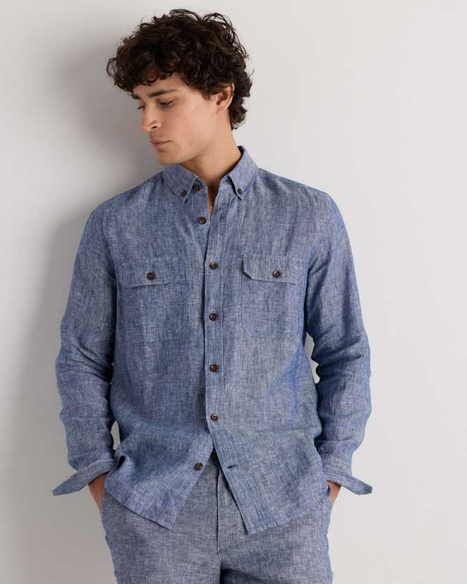 Chambray Blue 100% European Linen Utility Shirt