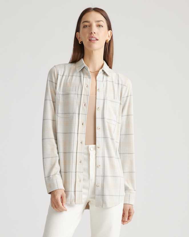 Oatmeal Check Stretch Sweater Fleece Shirt