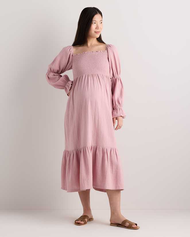 Rose Mauve Pink 100% Organic Cotton Gauze Maternity Smocked Midi Dress