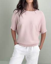 Lightweight Cotton Cashmere Link-Stitch Dolman Sweater - PDP Video Thumbnail (Sugar Stone, 4x5)