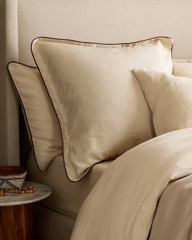 Oat/Espresso European Linen Piped Euro Sham