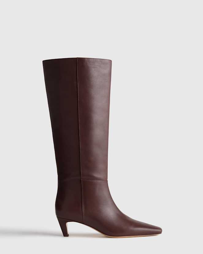 Espresso Brown Italian Leather Tall Kitten Heel Boots