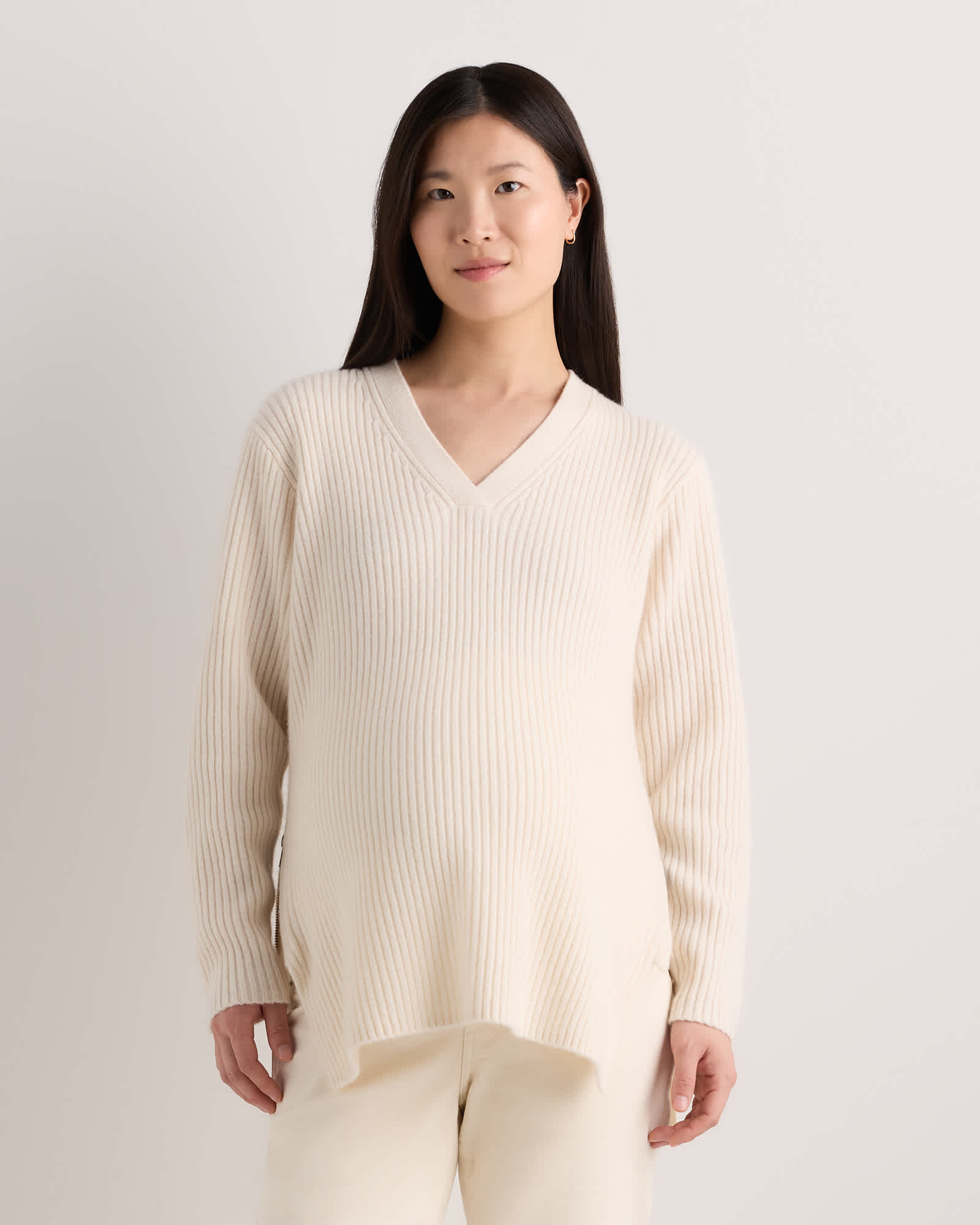 Ivory Mongolian Cashmere Ribbed Side Zip Maternity Sweater