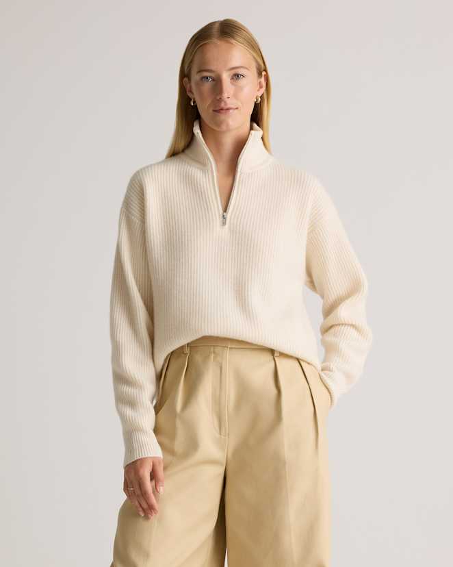 Ivory Mongolian Cashmere Fisherman Quarter Zip Sweater