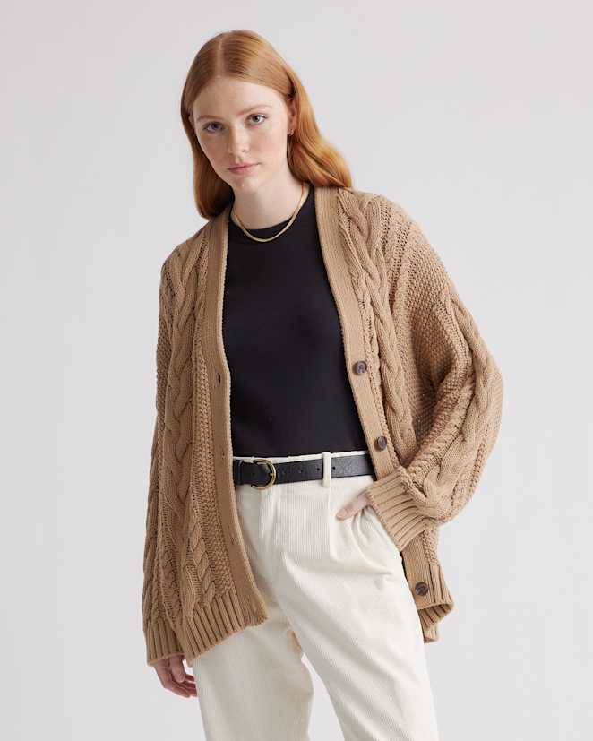 Camel Cardigan surdimensionné en tricot torsadé 100 % coton biologique